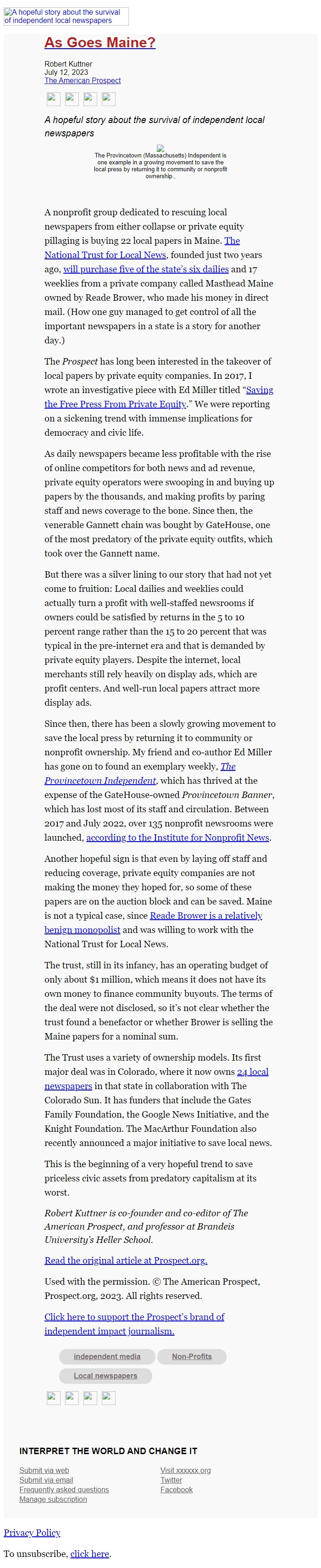 Screenshot of the email generated on import