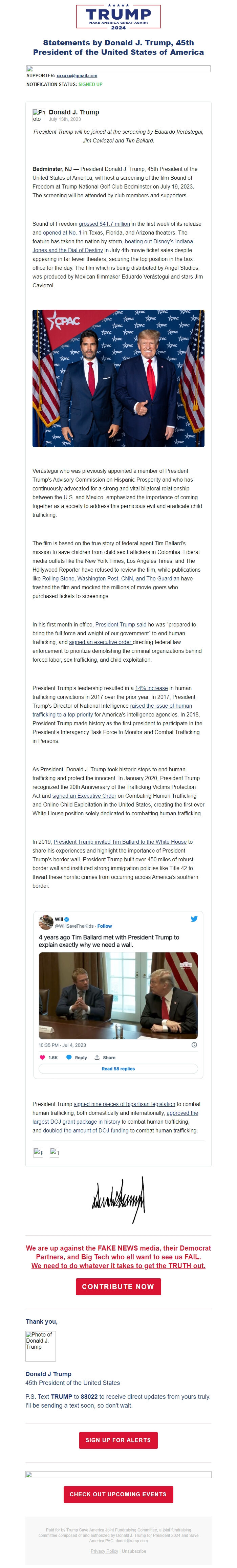 Screenshot of the email generated on import