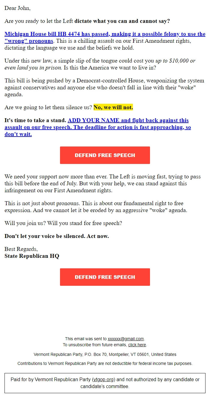 Screenshot of the email generated on import