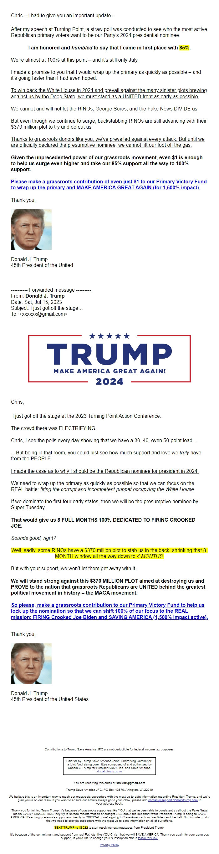 Screenshot of the email generated on import