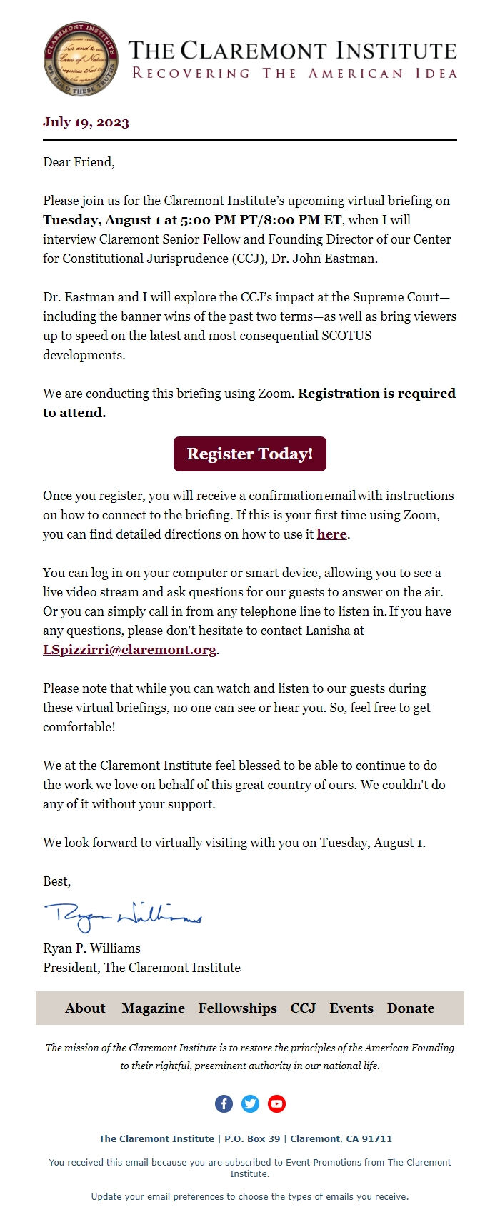 Screenshot of the email generated on import