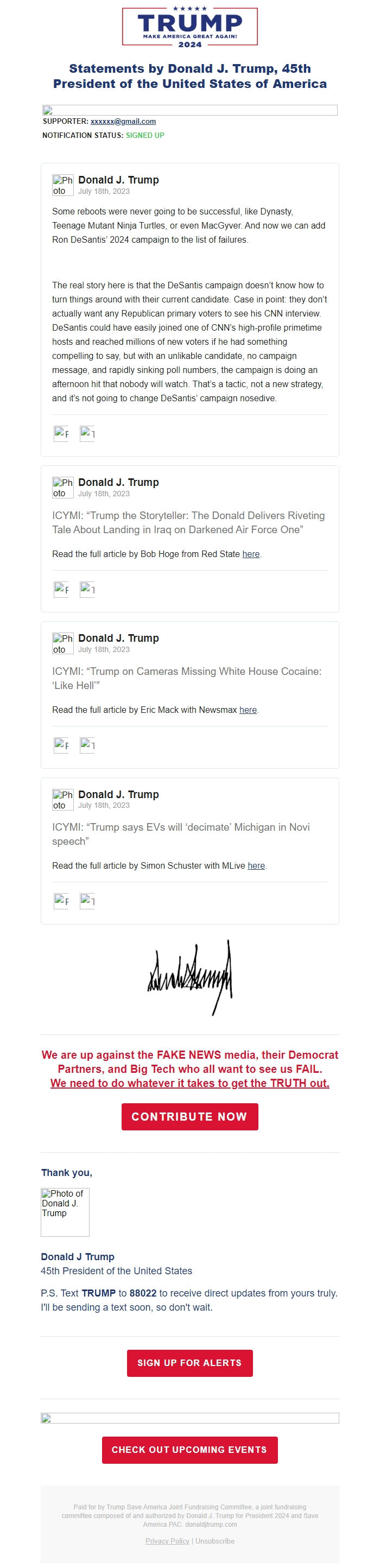 Screenshot of the email generated on import