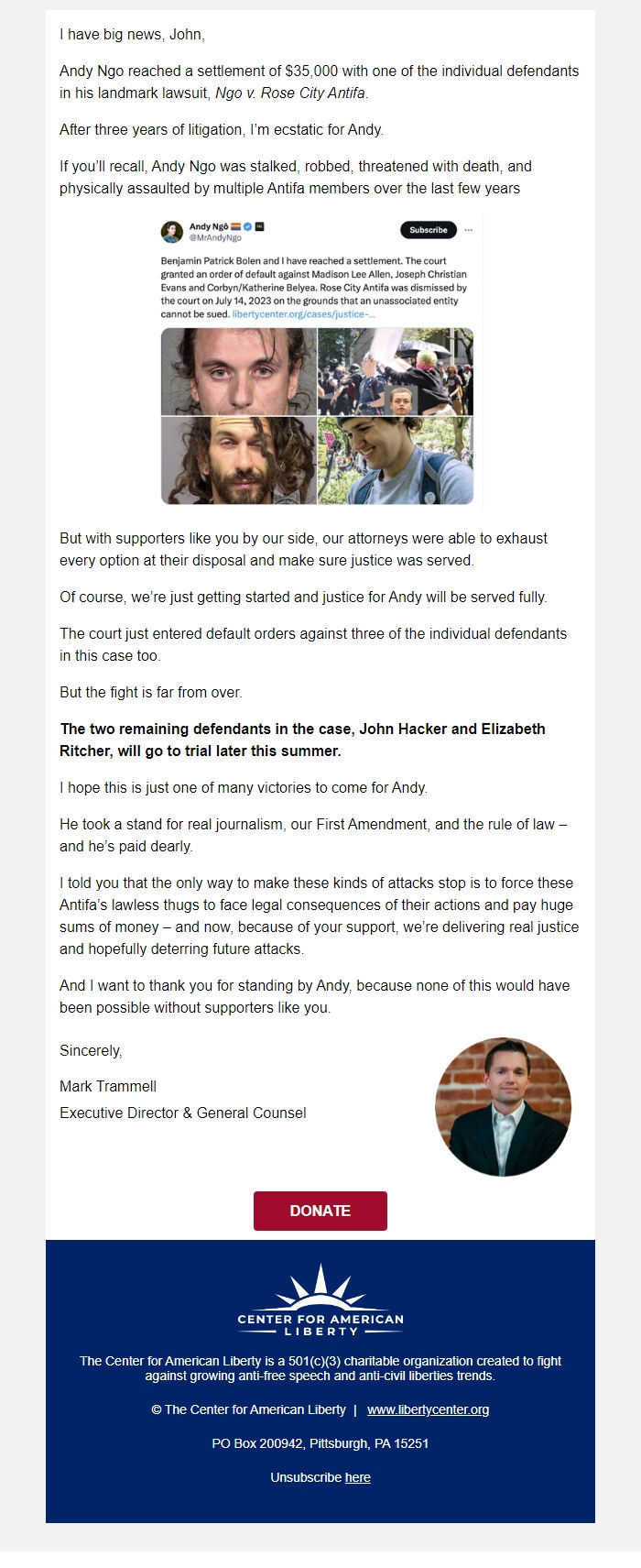 Screenshot of the email generated on import