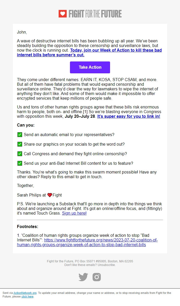 Screenshot of the email generated on import