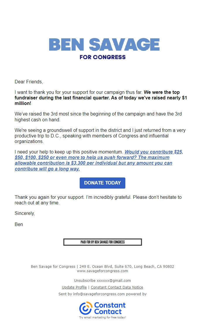 Screenshot of the email generated on import