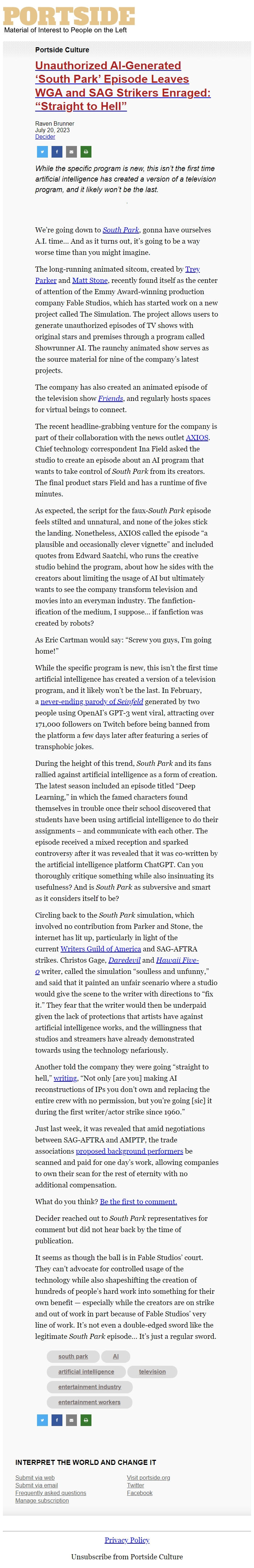Screenshot of the email generated on import