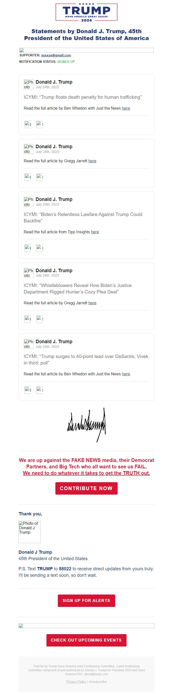 Screenshot of the email generated on import