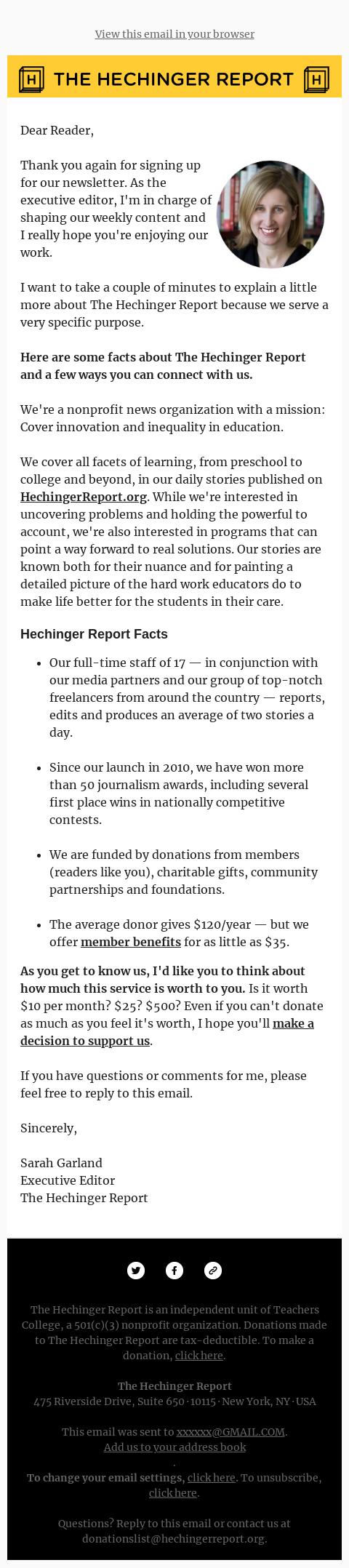 Screenshot of the email generated on import