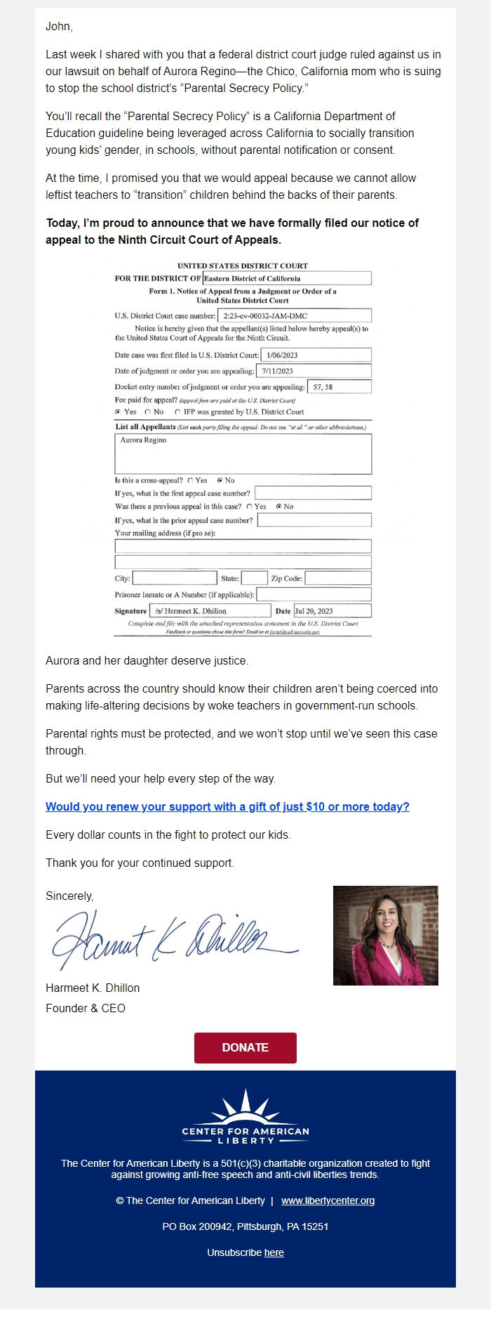 Screenshot of the email generated on import
