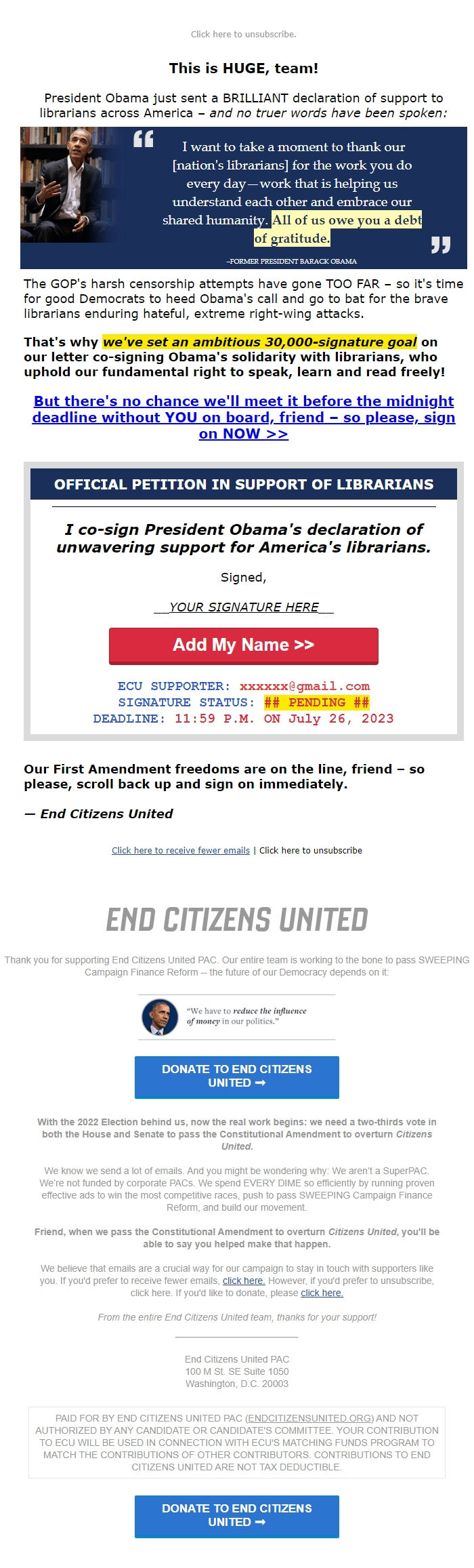 Screenshot of the email generated on import