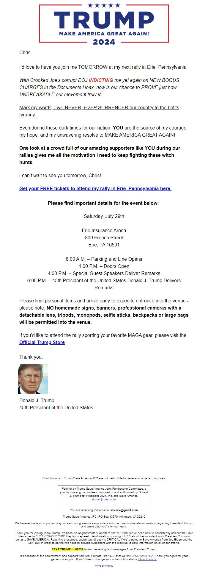 Screenshot of the email generated on import