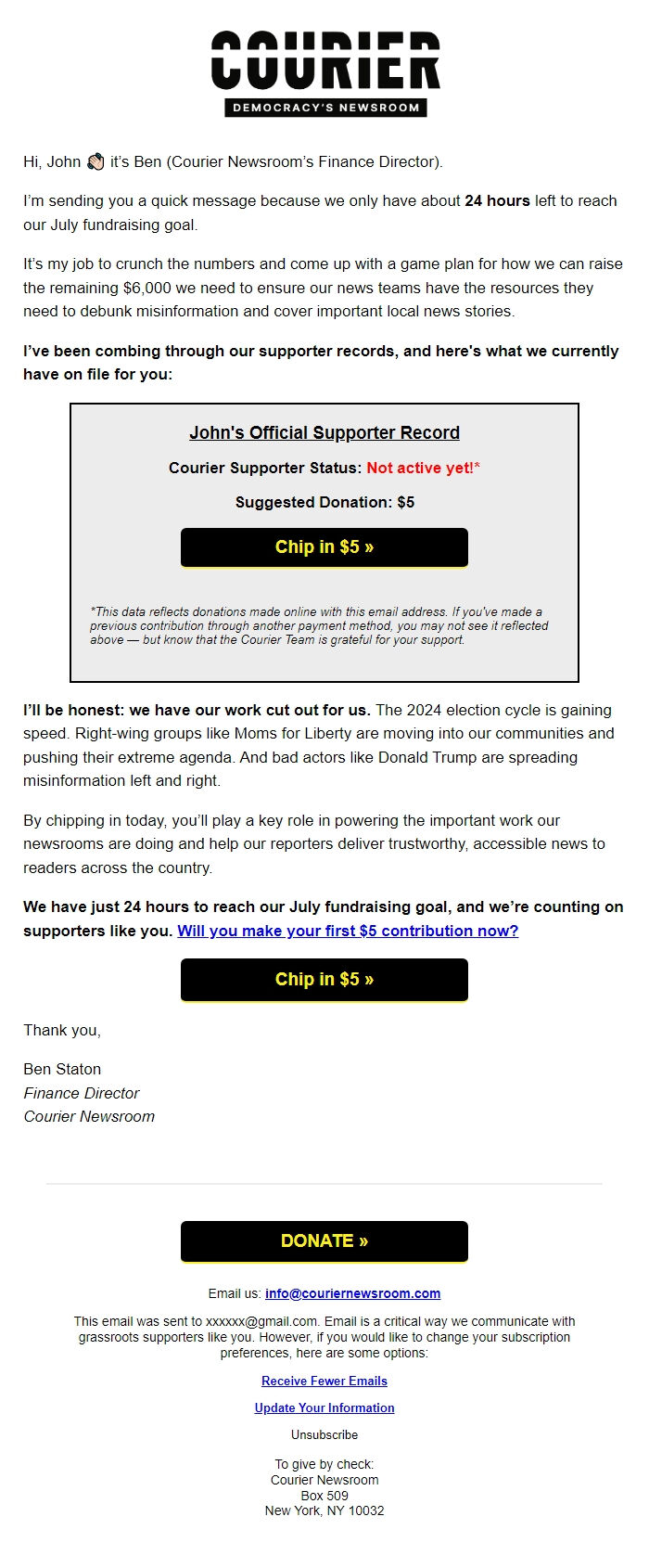 Screenshot of the email generated on import