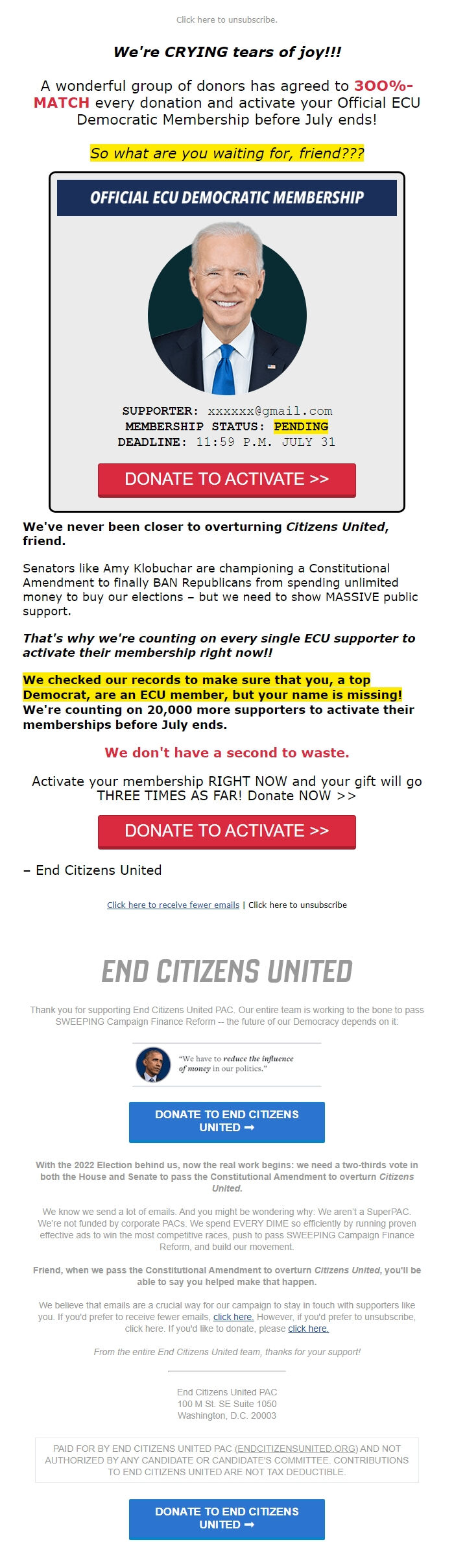 Screenshot of the email generated on import