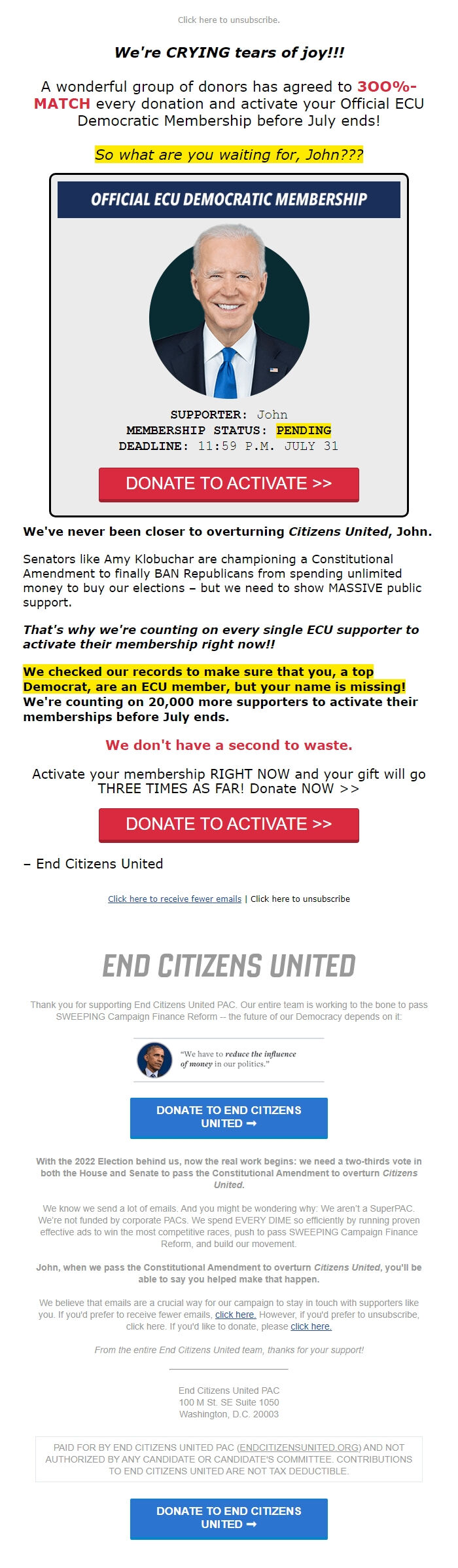 Screenshot of the email generated on import