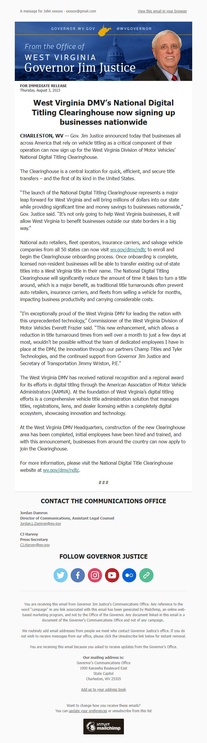 Screenshot of the email generated on import