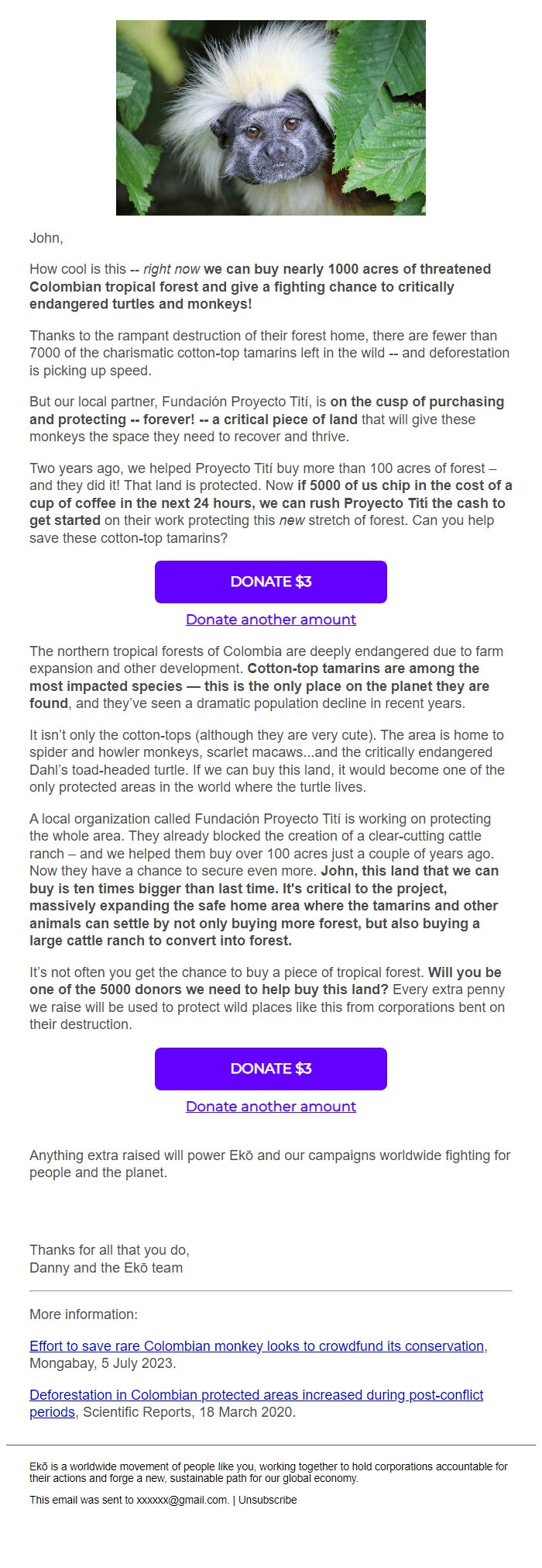 Screenshot of the email generated on import