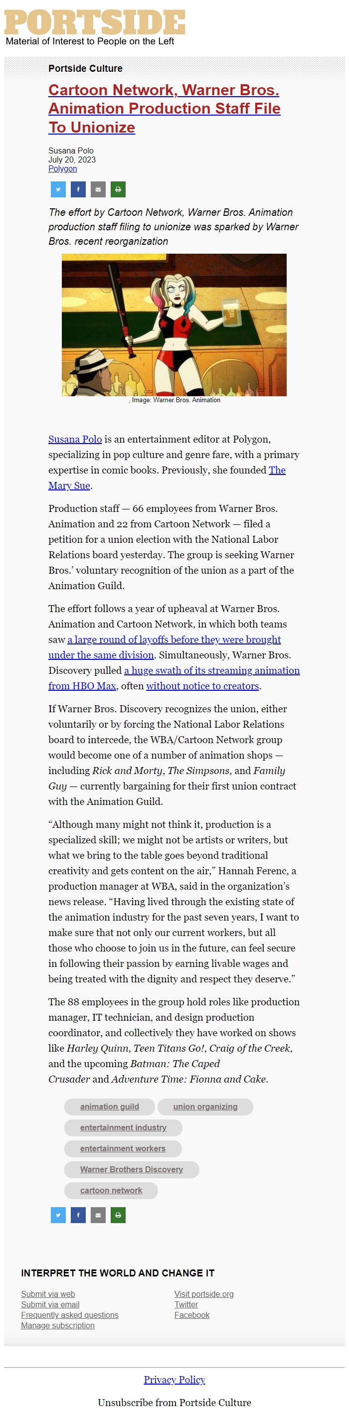 Screenshot of the email generated on import