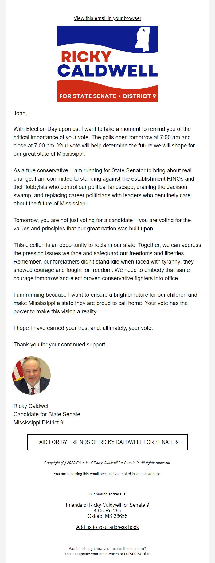 Screenshot of the email generated on import