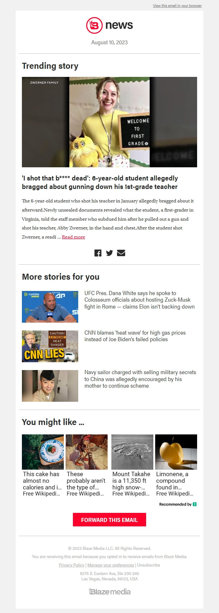 Screenshot of the email generated on import