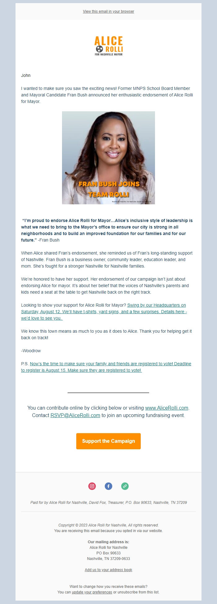 Screenshot of the email generated on import