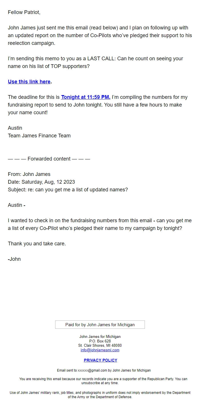 Screenshot of the email generated on import