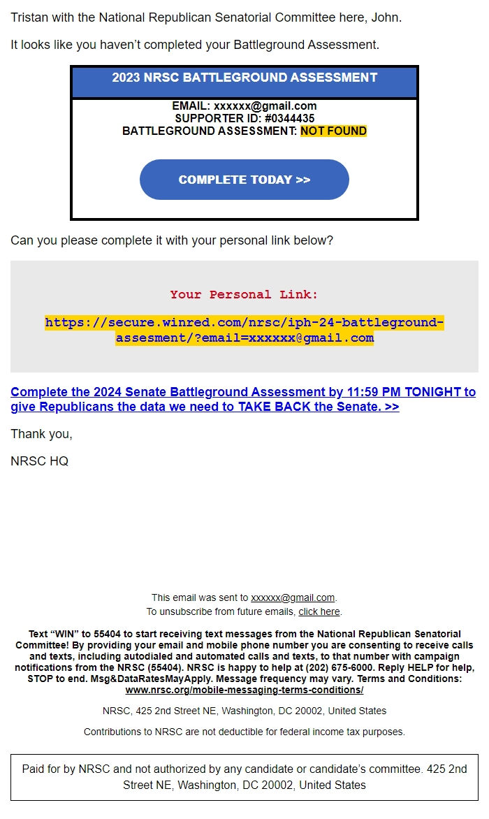 Screenshot of the email generated on import