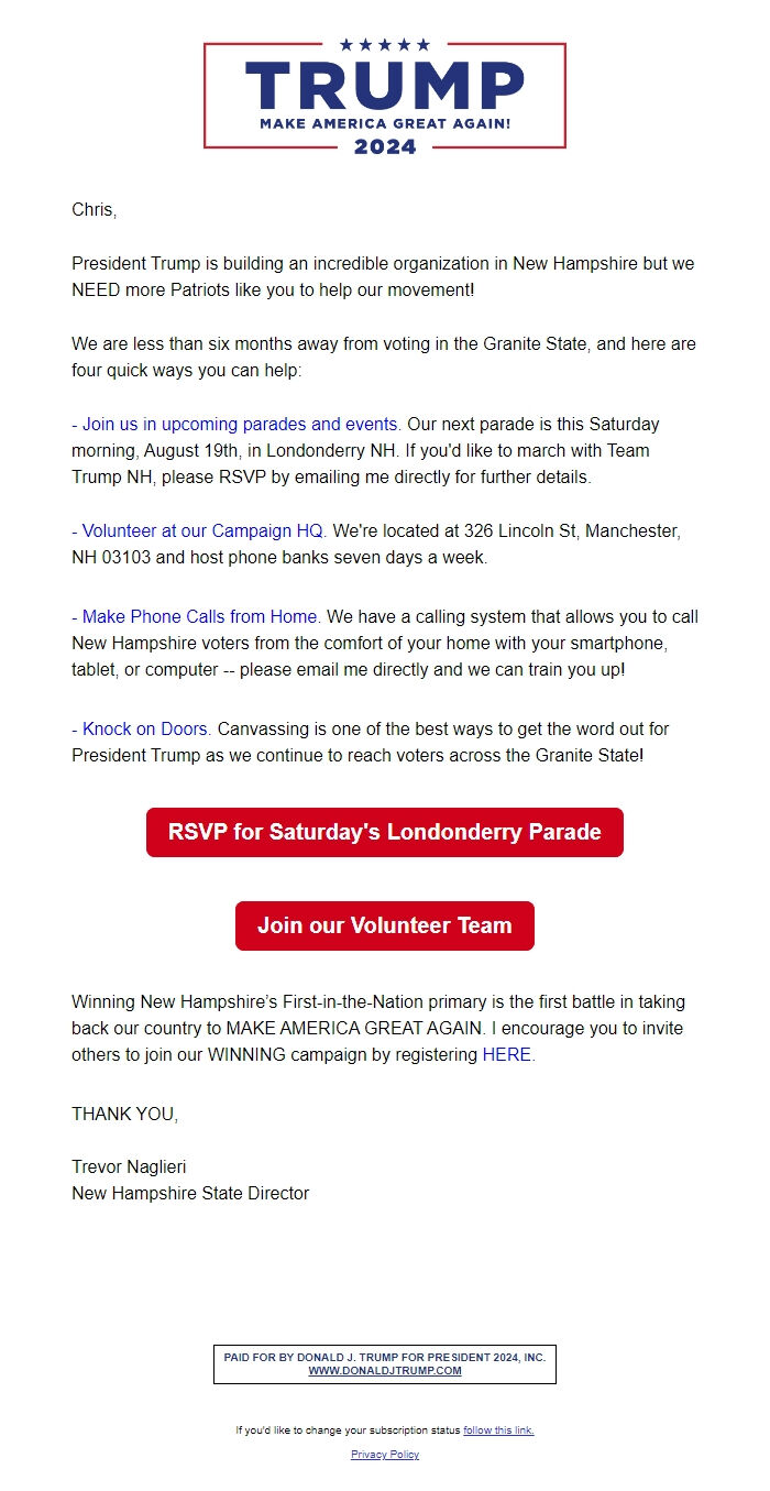 Screenshot of the email generated on import