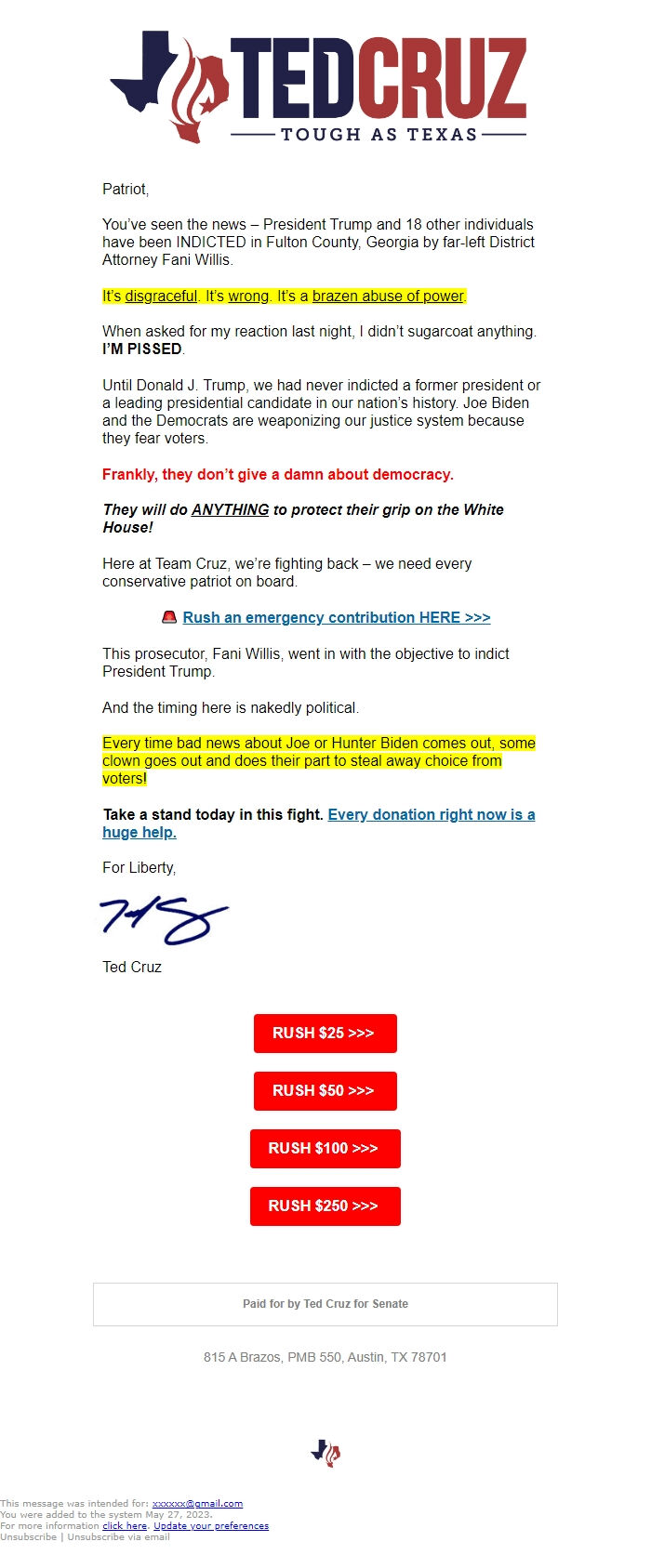 Screenshot of the email generated on import