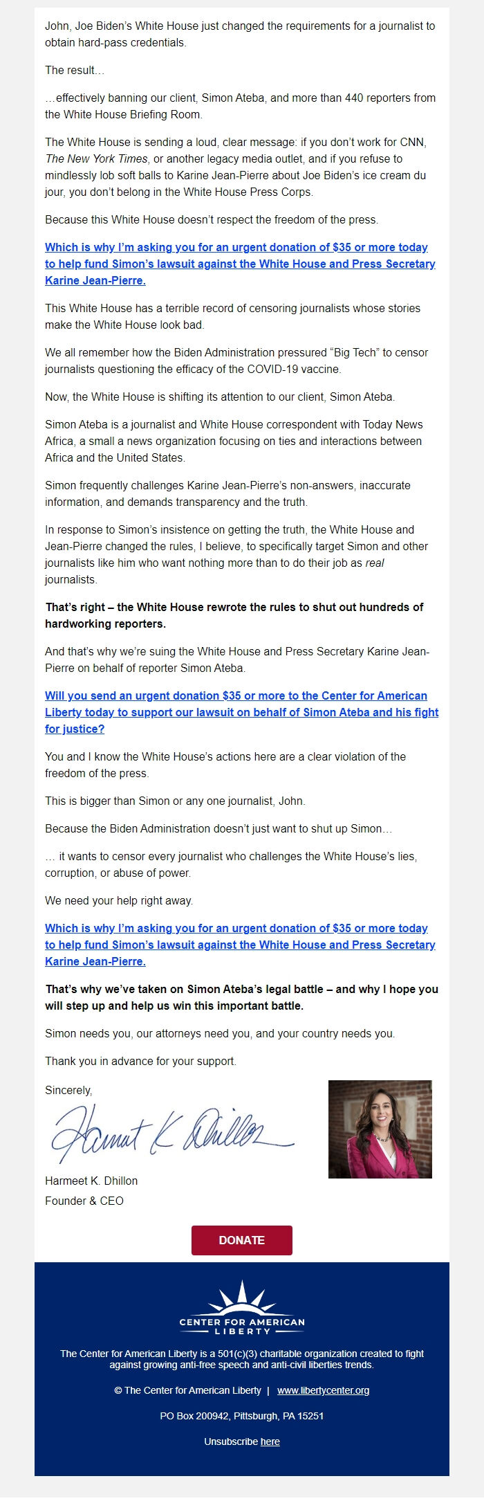 Screenshot of the email generated on import