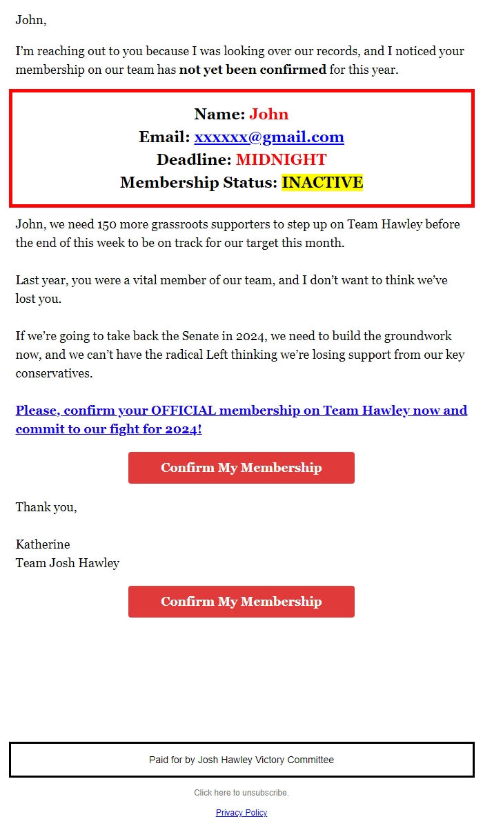 Screenshot of the email generated on import