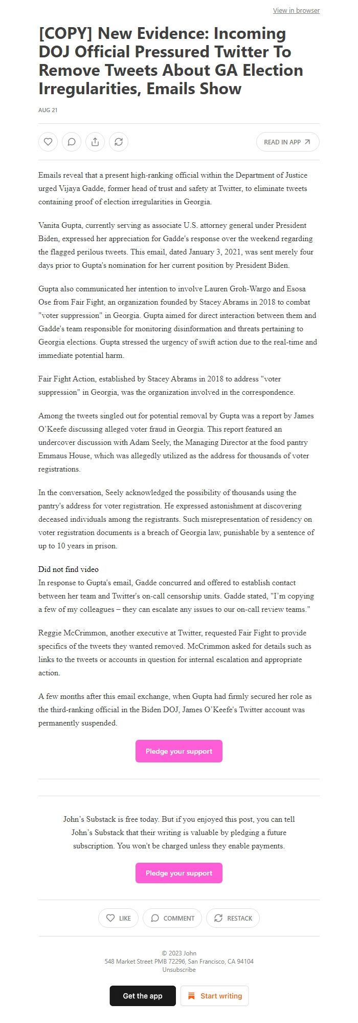 Screenshot of the email generated on import