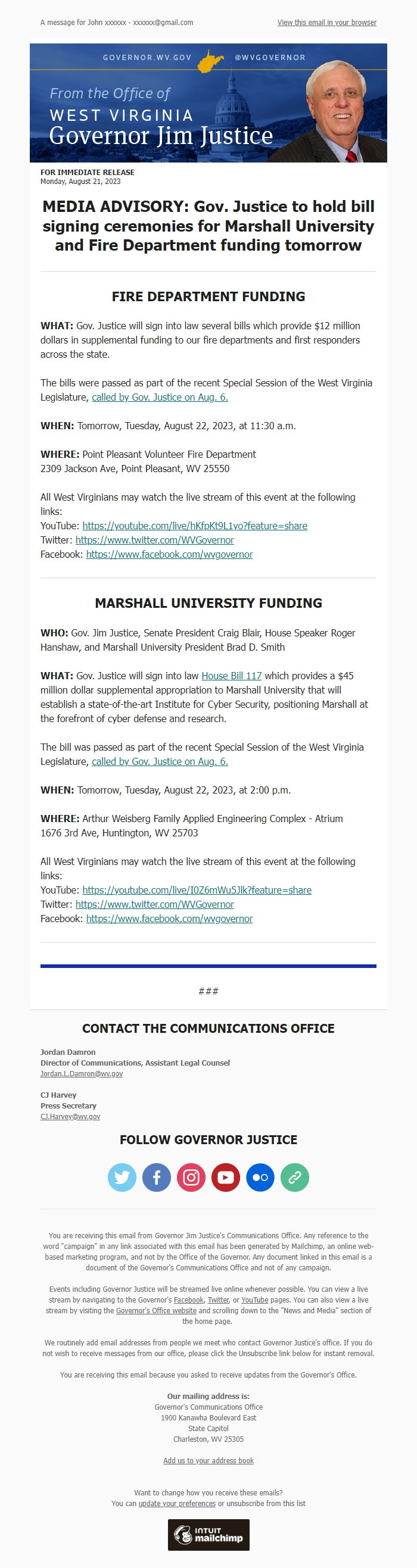 Screenshot of the email generated on import