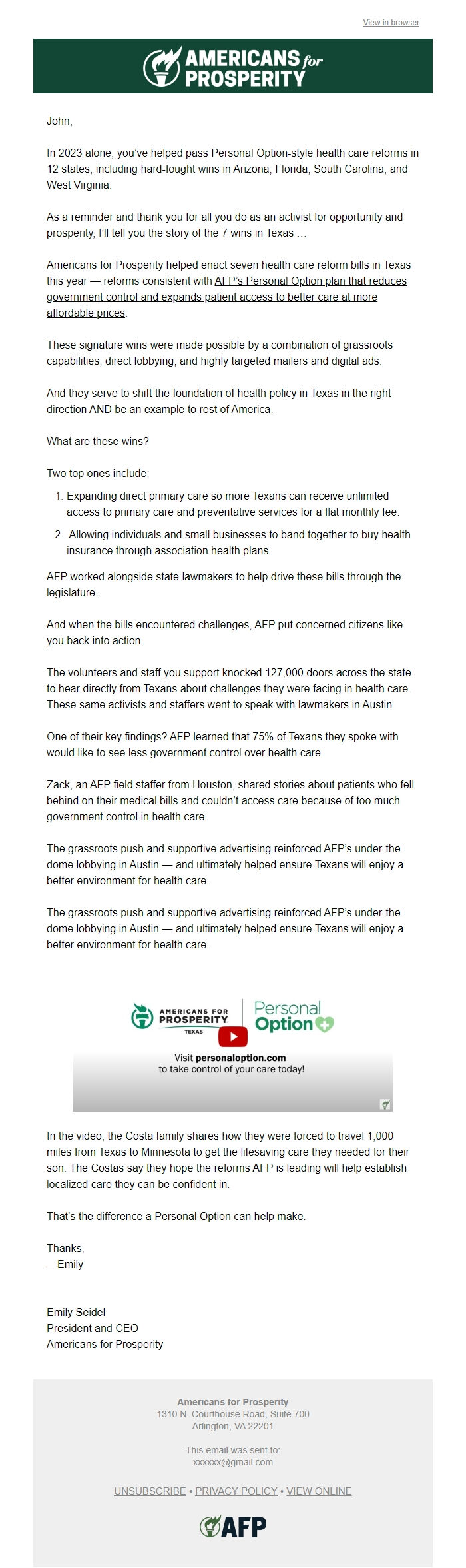 Screenshot of the email generated on import