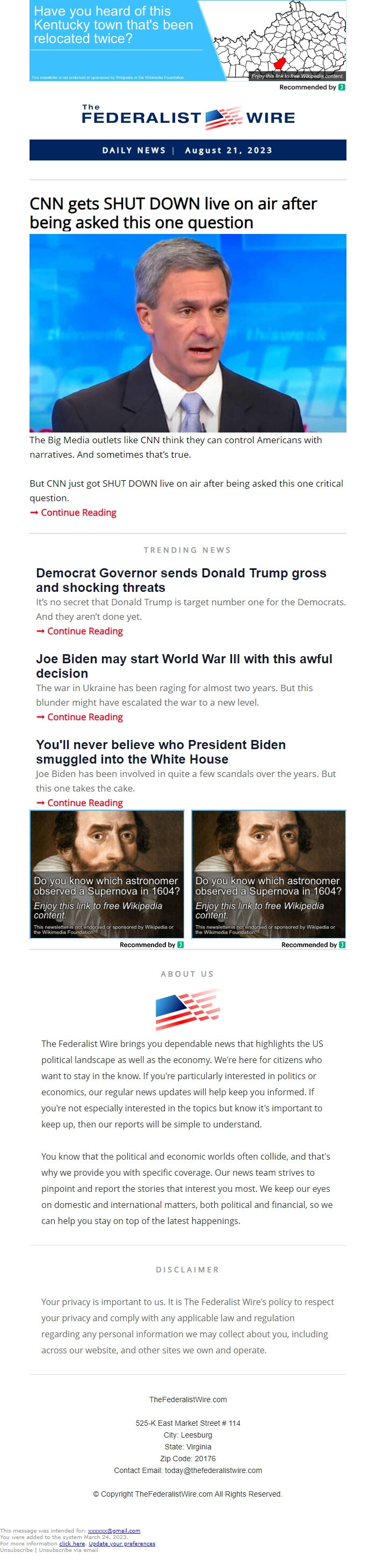 Screenshot of the email generated on import