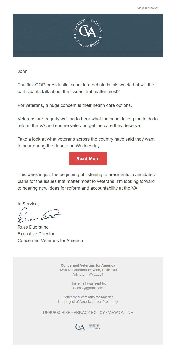 Screenshot of the email generated on import