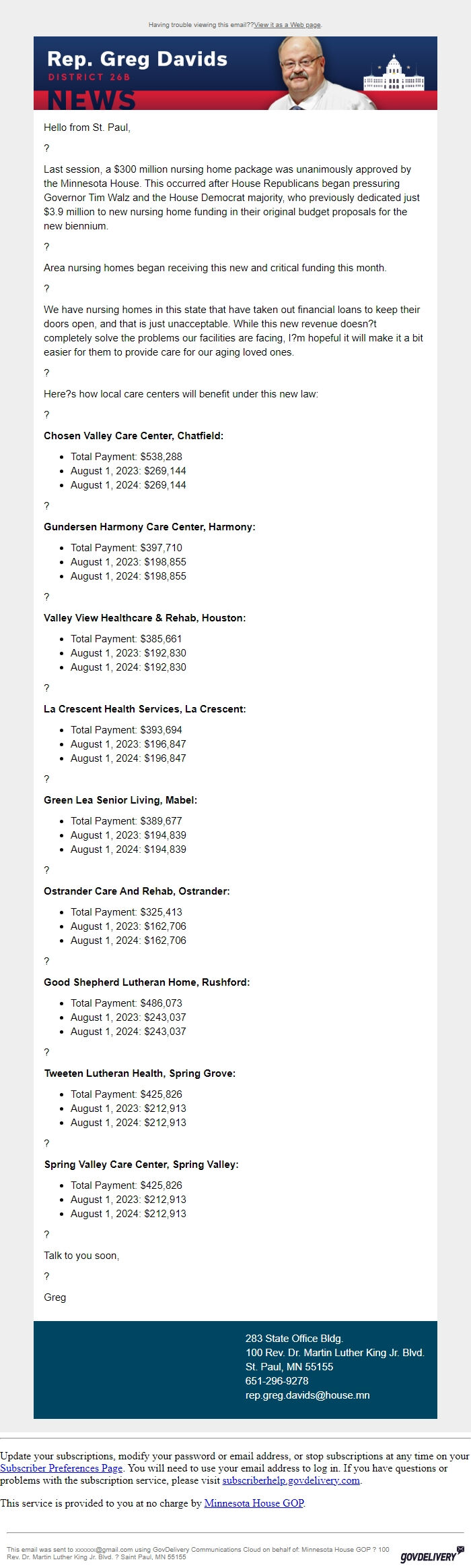Screenshot of the email generated on import