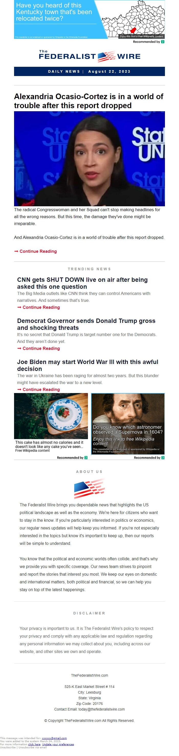 Screenshot of the email generated on import