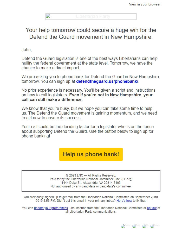 Screenshot of the email generated on import