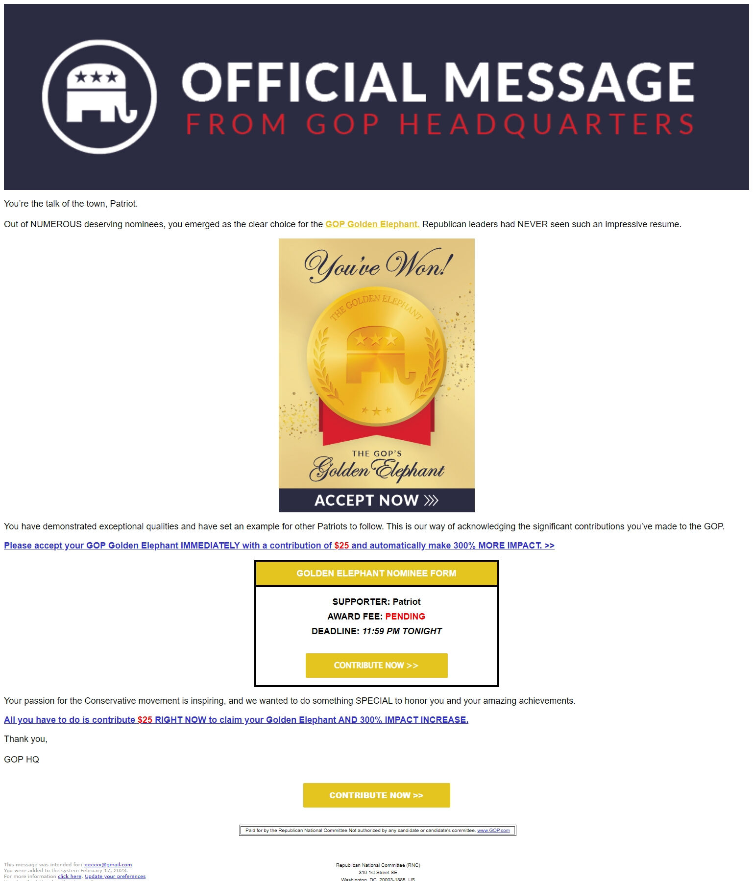 Screenshot of the email generated on import