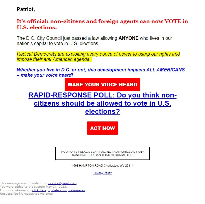 Screenshot of the email generated on import