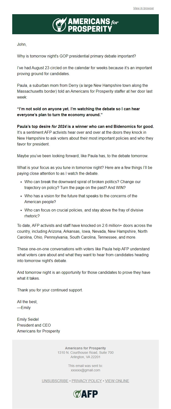 Screenshot of the email generated on import