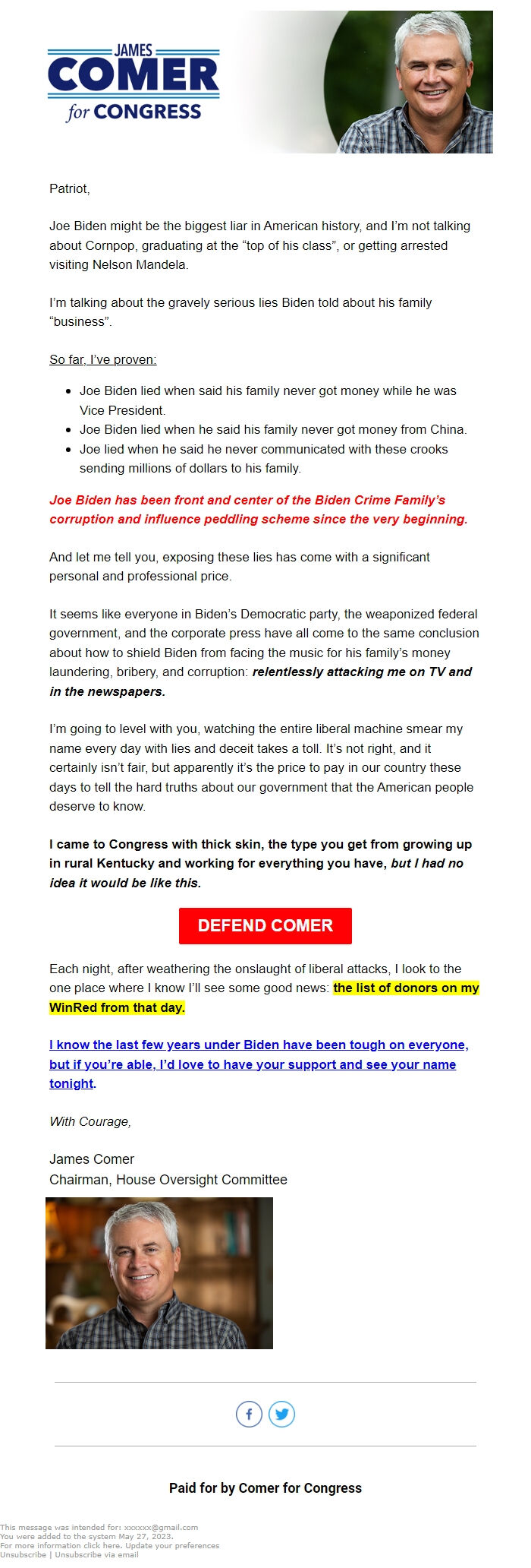 Screenshot of the email generated on import