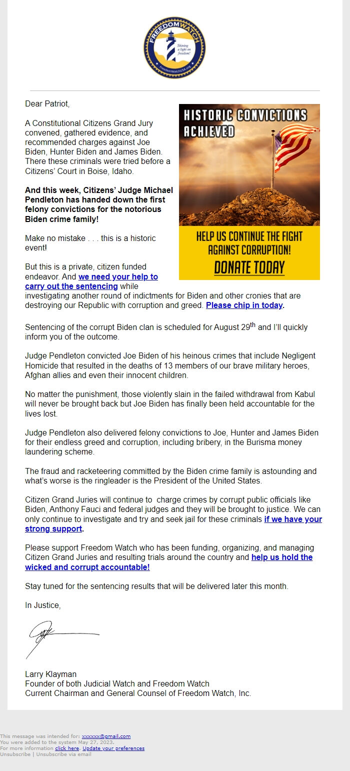 Screenshot of the email generated on import