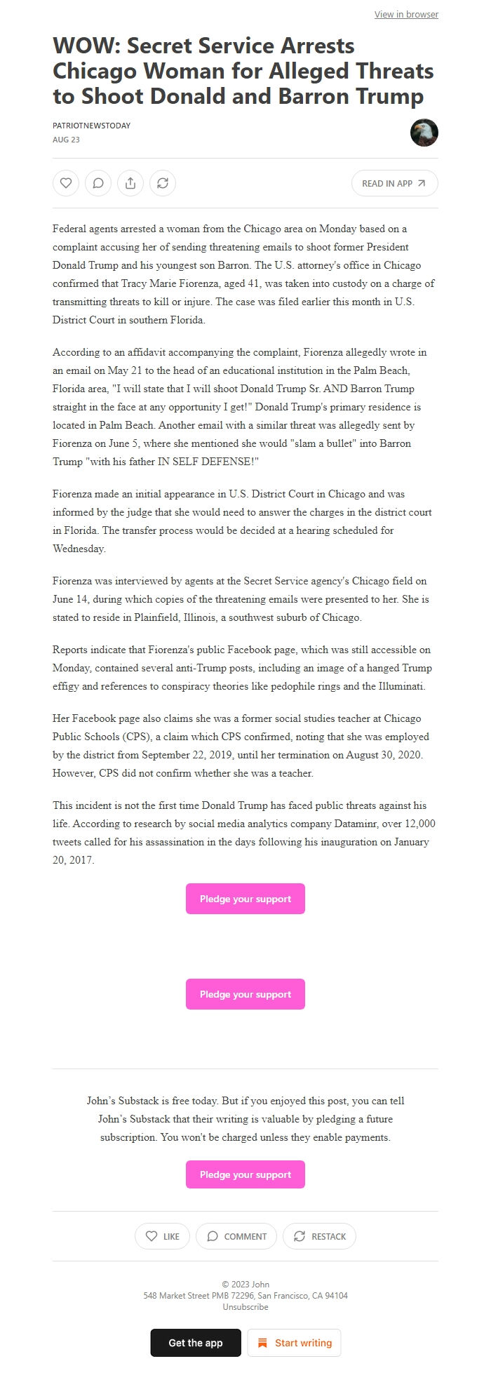 Screenshot of the email generated on import