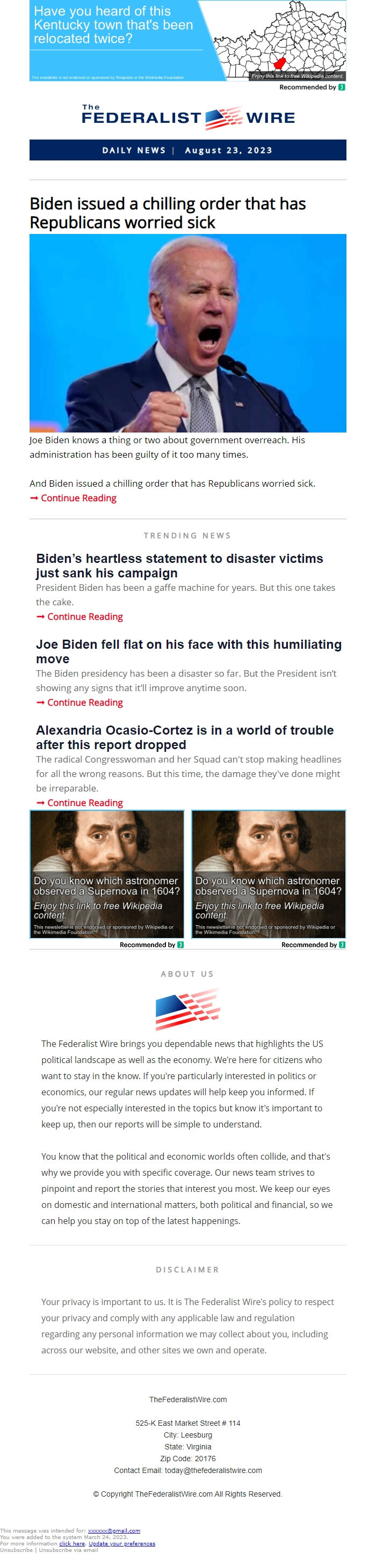 Screenshot of the email generated on import