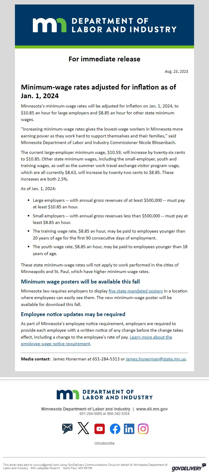 Screenshot of the email generated on import