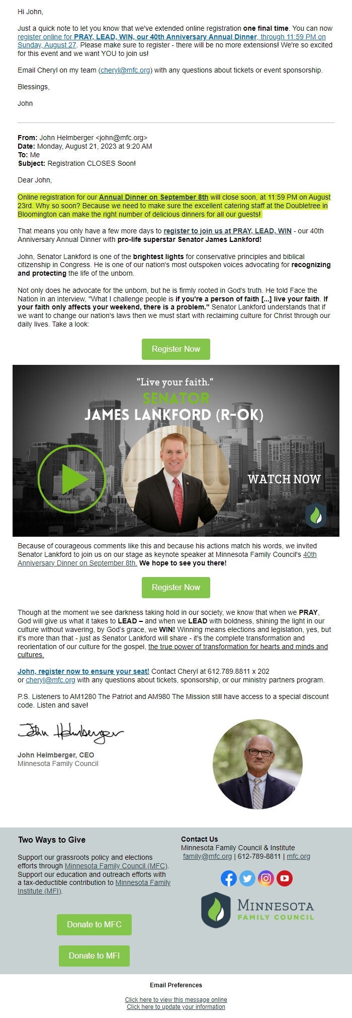 Screenshot of the email generated on import