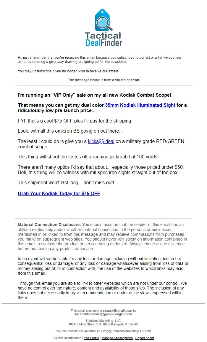 Screenshot of the email generated on import