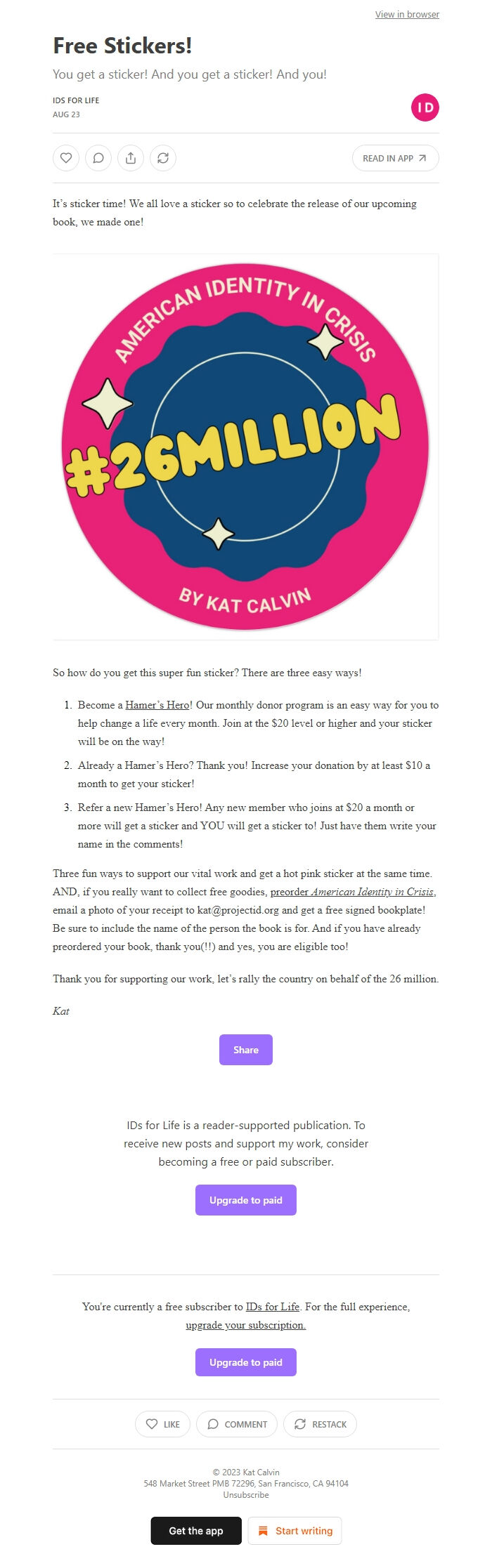 Screenshot of the email generated on import