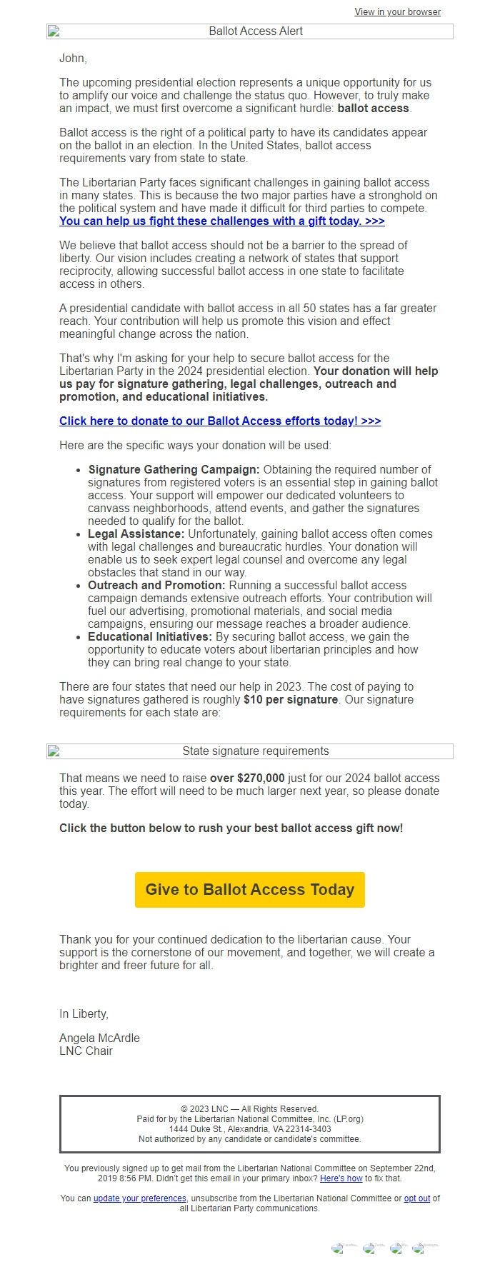Screenshot of the email generated on import